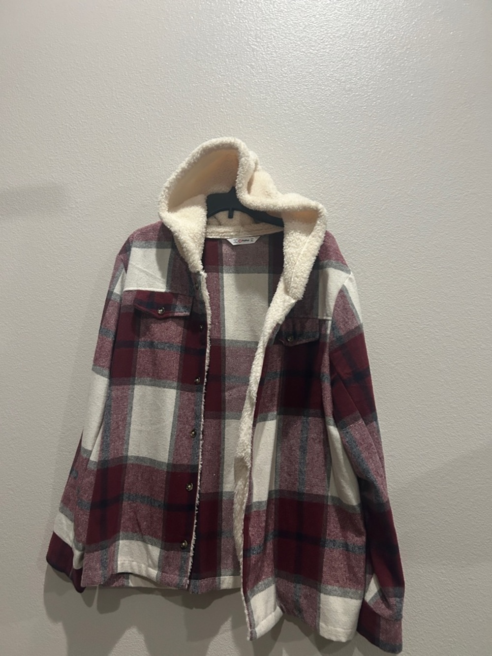 Plaid Sherpa-Lined Hooded Shacket - Red & Cream